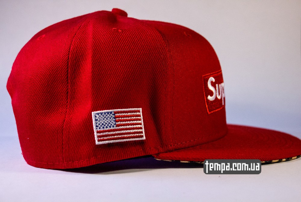 кепка snapback Supreme красная с американским флаком и леопардовым козырьком бейсболка оригинальная_1
