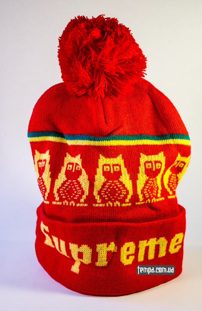 Купить зимнюю шапку Supreme красную с совами ориниальную в Украине