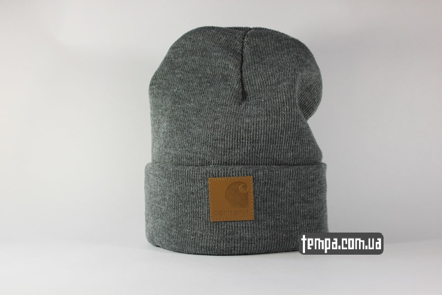 шапка beanie Charhartt серая с кожаным логотипом купить украина