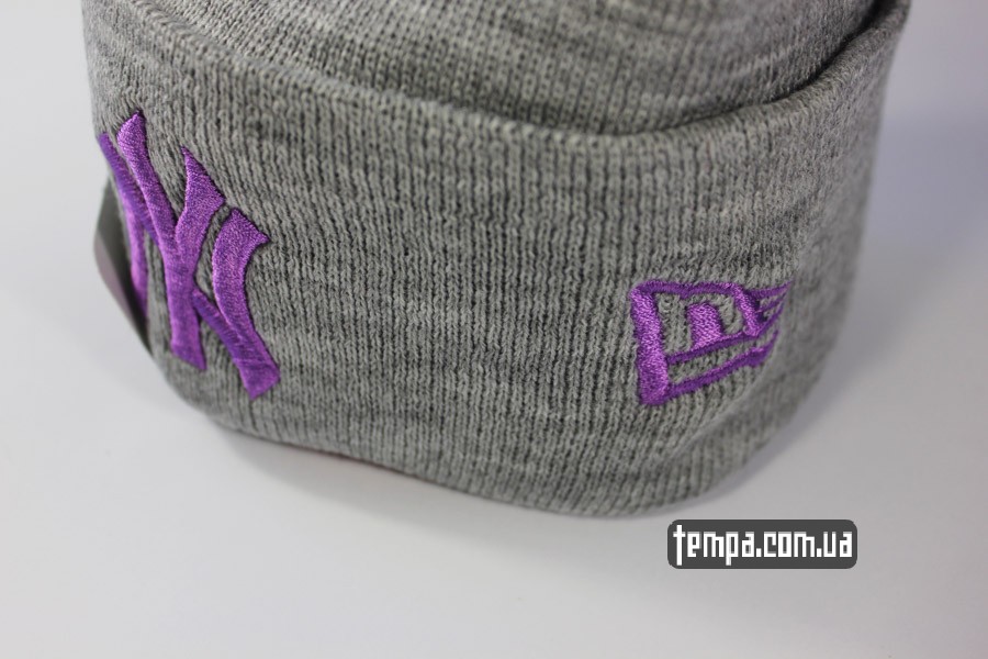 оригинальные шапки одежда янки логотип NY шапка beanie New York Yankees NY серая с сереневым логотипом
