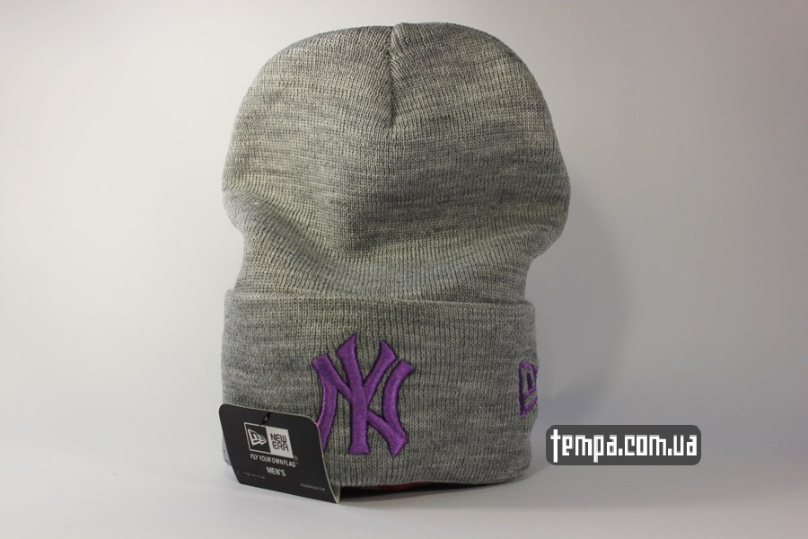 шапка beanie New York Yankees NY серая с сереневым логотипом