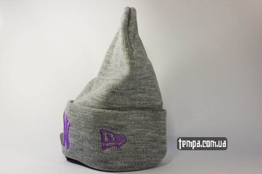 янки нью йорк сша одежда шапка beanie New York Yankees NY серая с сереневым логотипом