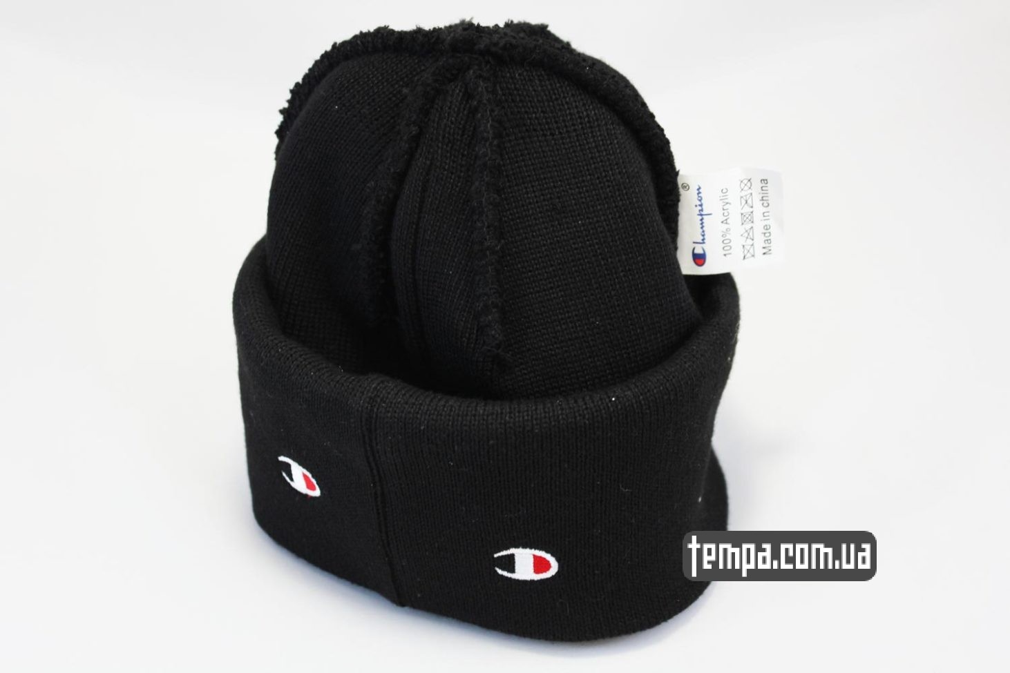 теплая зимняя шерастяная шапка beanie Champion black черная с логотипами теплая зимняя шерастяная шапка beanie Champion black черная с логотипами